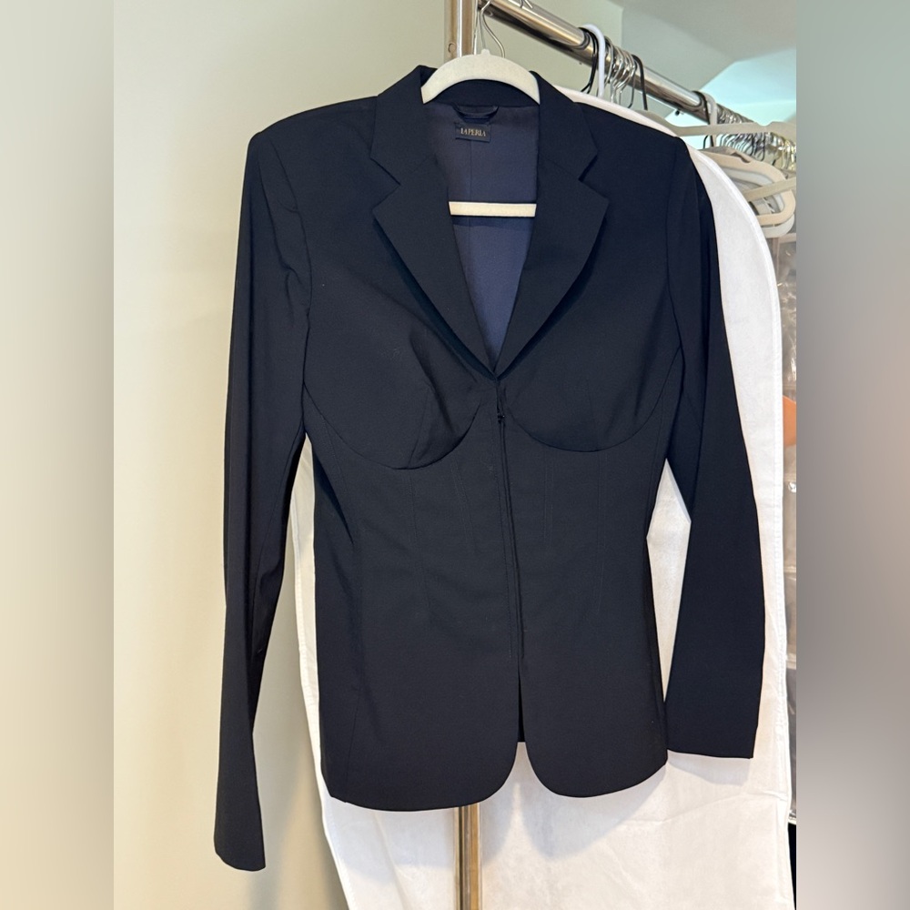 La Perla Runway Black Wool Corset Zip up Blazer and Skinny Leg Trousers Set